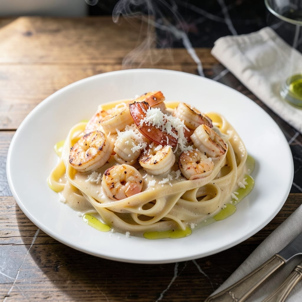 Recipe for Fettuccine Alfredo With Chicken and Shrimp: Luxurious Cream Sauce With Seafood Twist