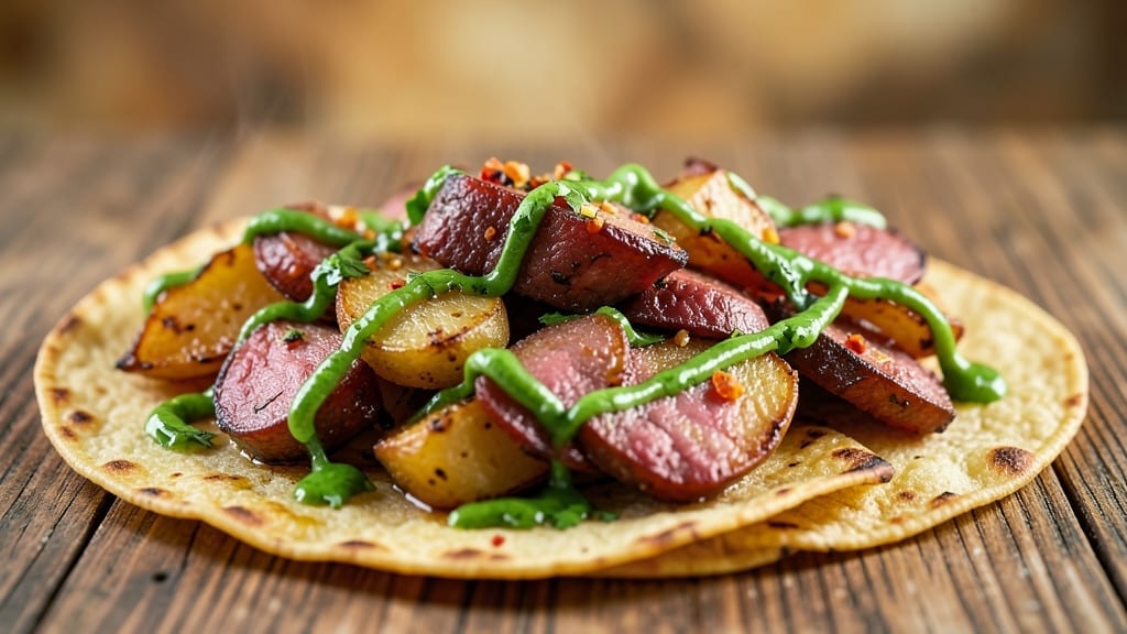 Smoked Sausage and Potato Tacos with Chimichurri