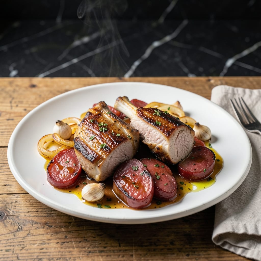 Pork Chop and Sausage Recipe: Smoky Skillet Supper for Two Pork Chop and Sausage Recipe: Smoky Skillet Supper for Two