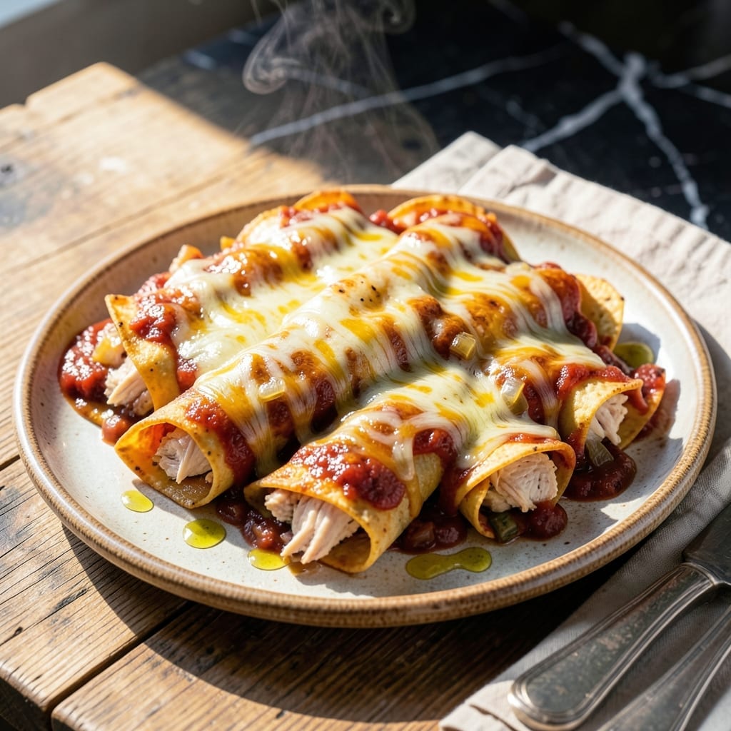 Taste of Home Chicken Enchilada Recipe: Saucy Cheese Blanket Over Corn Tortillas