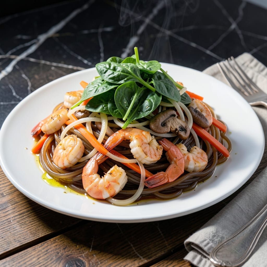 Japchae Recipe With Shrimp: Chewy Glass Noodles and Succulent Prawns