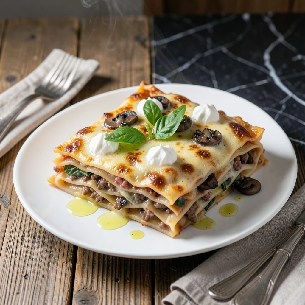 White Lasagna Recipe With Ricotta Cheese: Creamy Spinach and Mushroom Layers