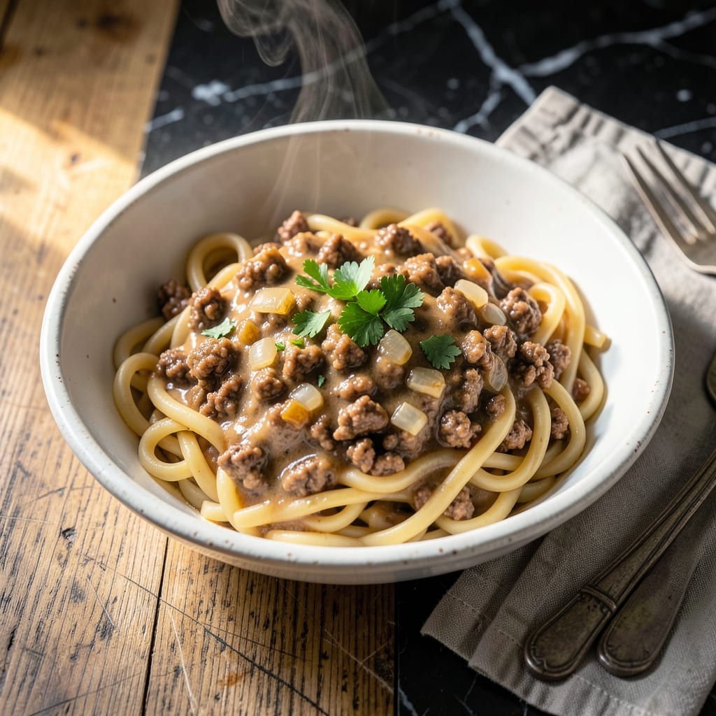 Ground Beef Stroganoff Recipe Without Mushrooms: Creamy Egg Noodle Embrace