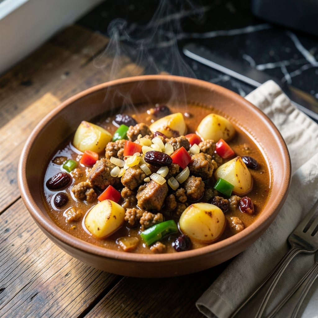 Filipino Menudo Recipe Ground Pork: Hearty Tomato-Sauced Stew With Potatoes and Raisins Filipino Menudo Recipe Ground Pork: Hearty Tomato-Sauced Stew With Potatoes and Raisins