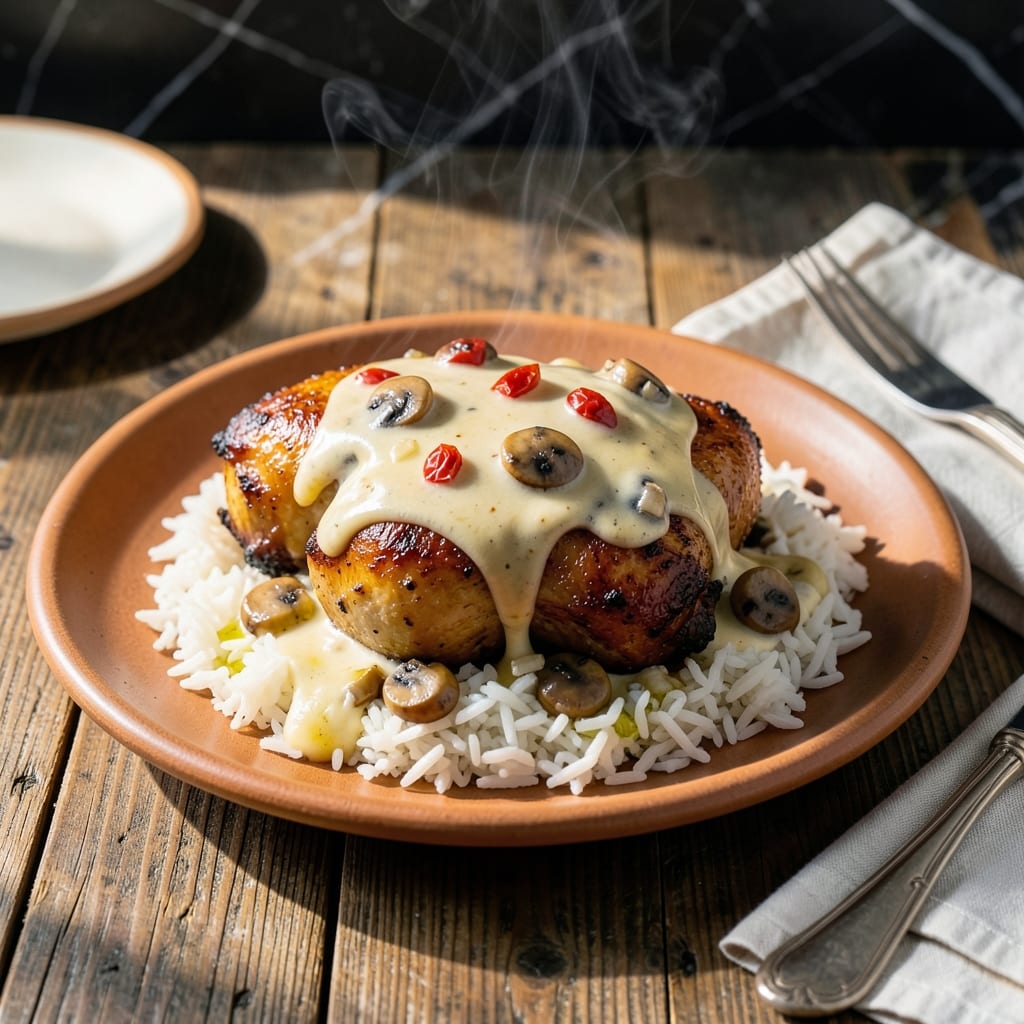 Old Fashioned Chicken Supreme Recipe With Rice: Creamy Mushroom and Pimento Comfort