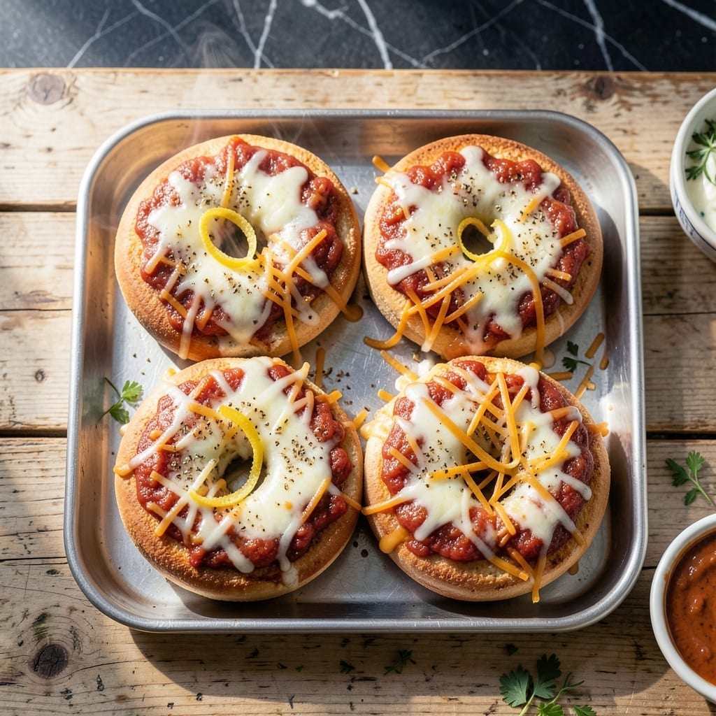 School Cafeteria Breakfast Pizza Bagels: Nostalgic Cheese and Sauce on Toasted Bags