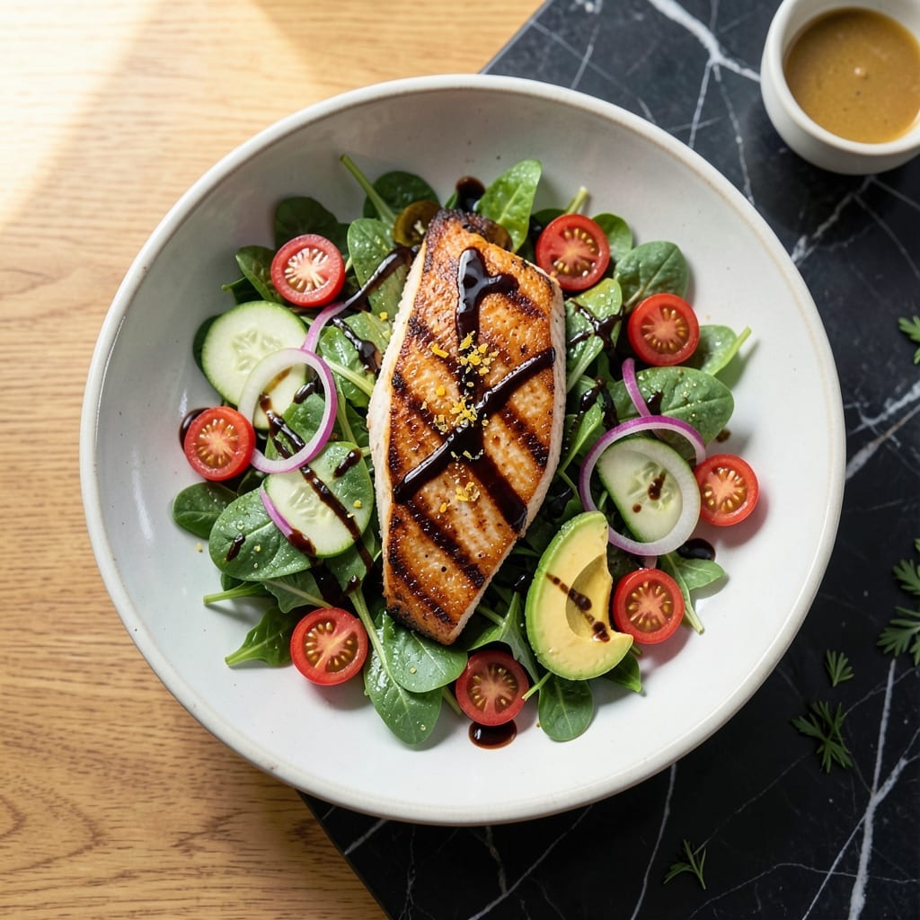 Grilled Salmon Salad Recipe Balsamic: Flaky Fish Over Fresh Greens With Tangy Drizzle Grilled Salmon Salad Recipe Balsamic: Flaky Fish Over Fresh Greens With Tangy Drizzle