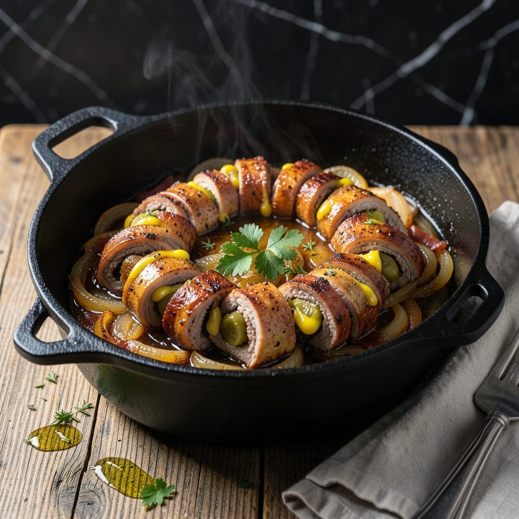 Recipe Rouladen German Dish: Thinly Rolled Beef With Mustard and Pickles