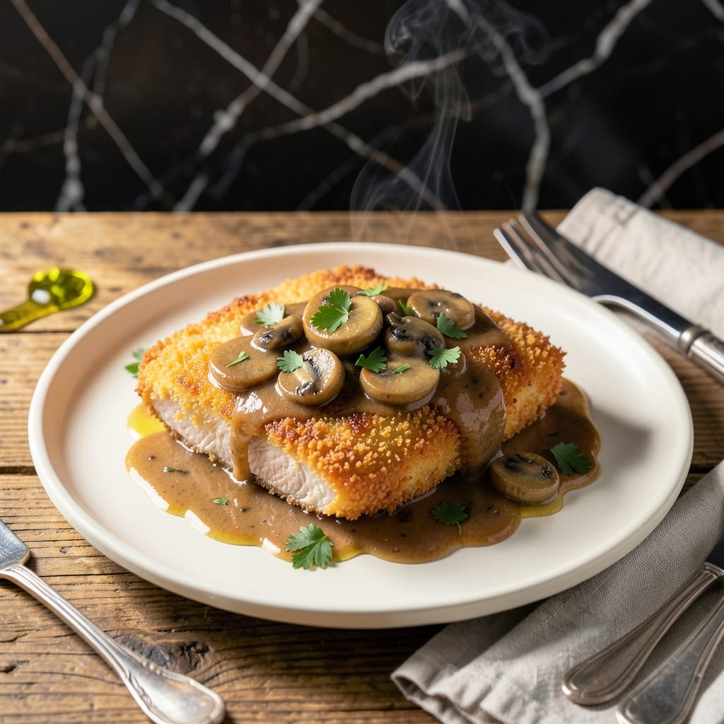 Recipe for Pork Schnitzel With Mushroom Sauce: Crispy Cutlets in Velvety Gravy Recipe for Pork Schnitzel With Mushroom Sauce: Crispy Cutlets in Velvety Gravy