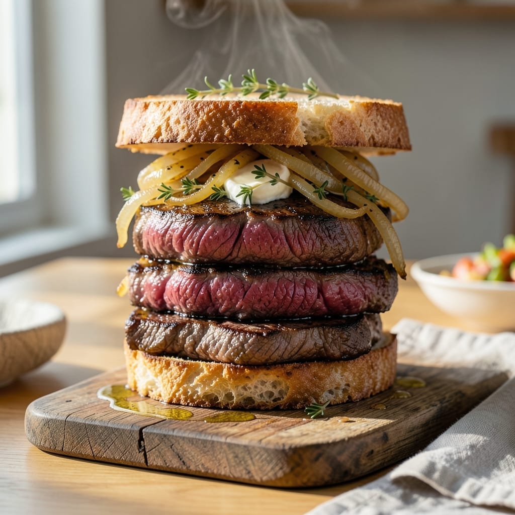 Open Face Steak Sandwich Recipe: Garlic Butter Topped With Caramelized Onions