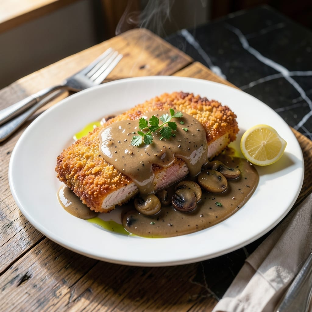 Pork Schnitzel Recipe With Mushroom Gravy: Crispy Cutlets in Rich Sauce Pork Schnitzel Recipe With Mushroom Gravy: Crispy Cutlets in Rich Sauce