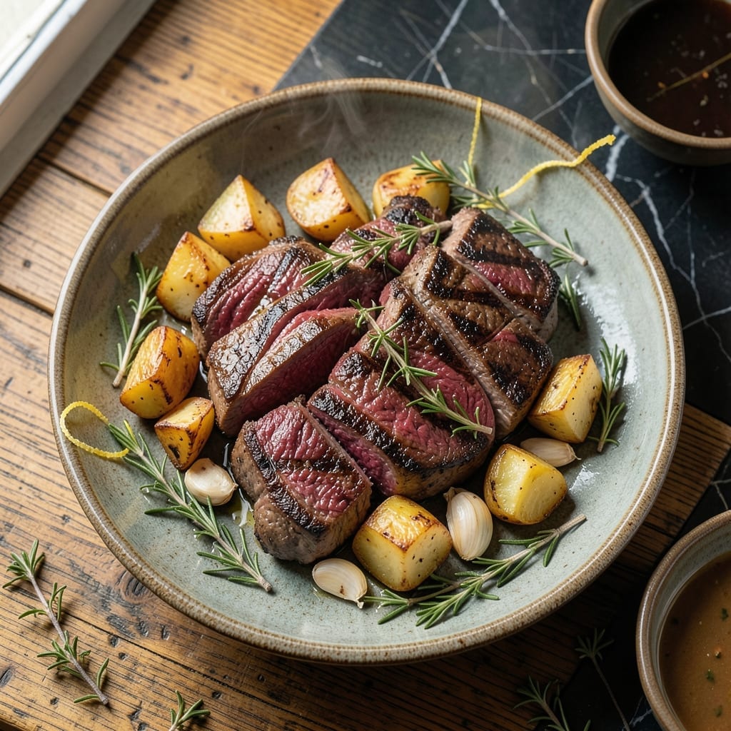 Grilled Steak Recipe With Roasted Potatoes: Garlic-Herb Infused Meal in One Pan