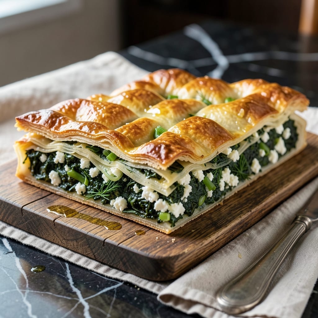 Recipe for Spanakopita Greek Spinach Pie: Flaky Phyllo Layers with Herbed Filling