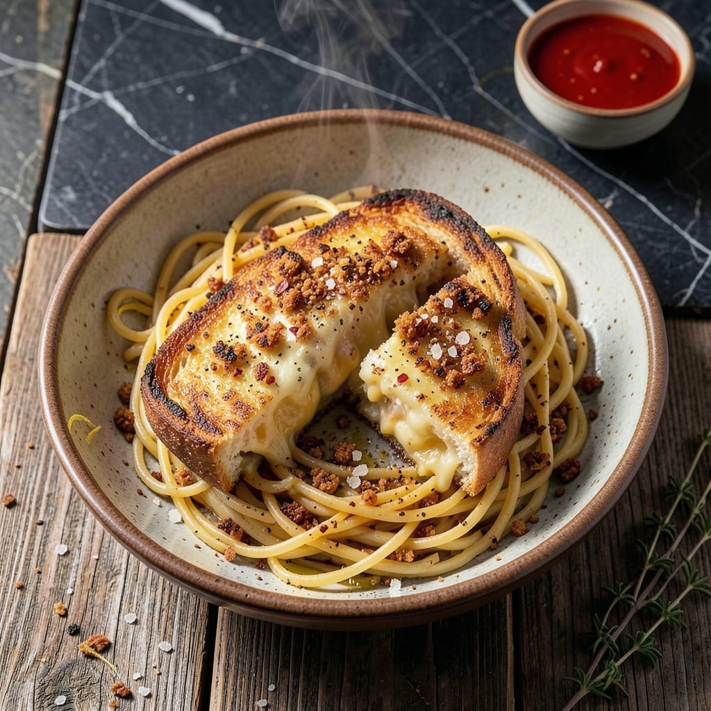 Burnt Crumbs Spaghetti Grilled Cheese Recipe: Crispy Bread With Pasta Twist