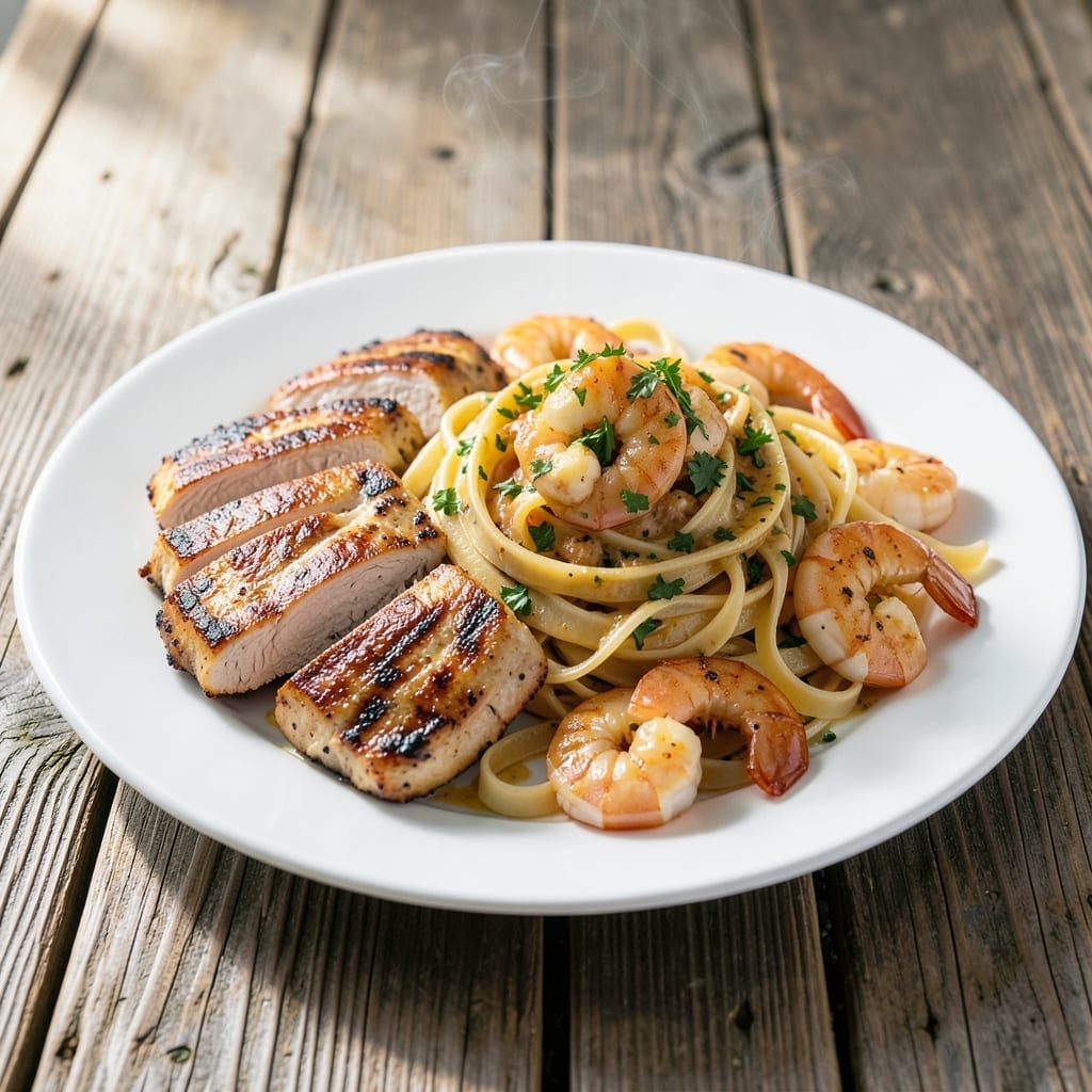 Grilled Chicken and Shrimp Scampi Pasta Recipe: Garlic-Butter Infused Seafood and Poultry Harmony