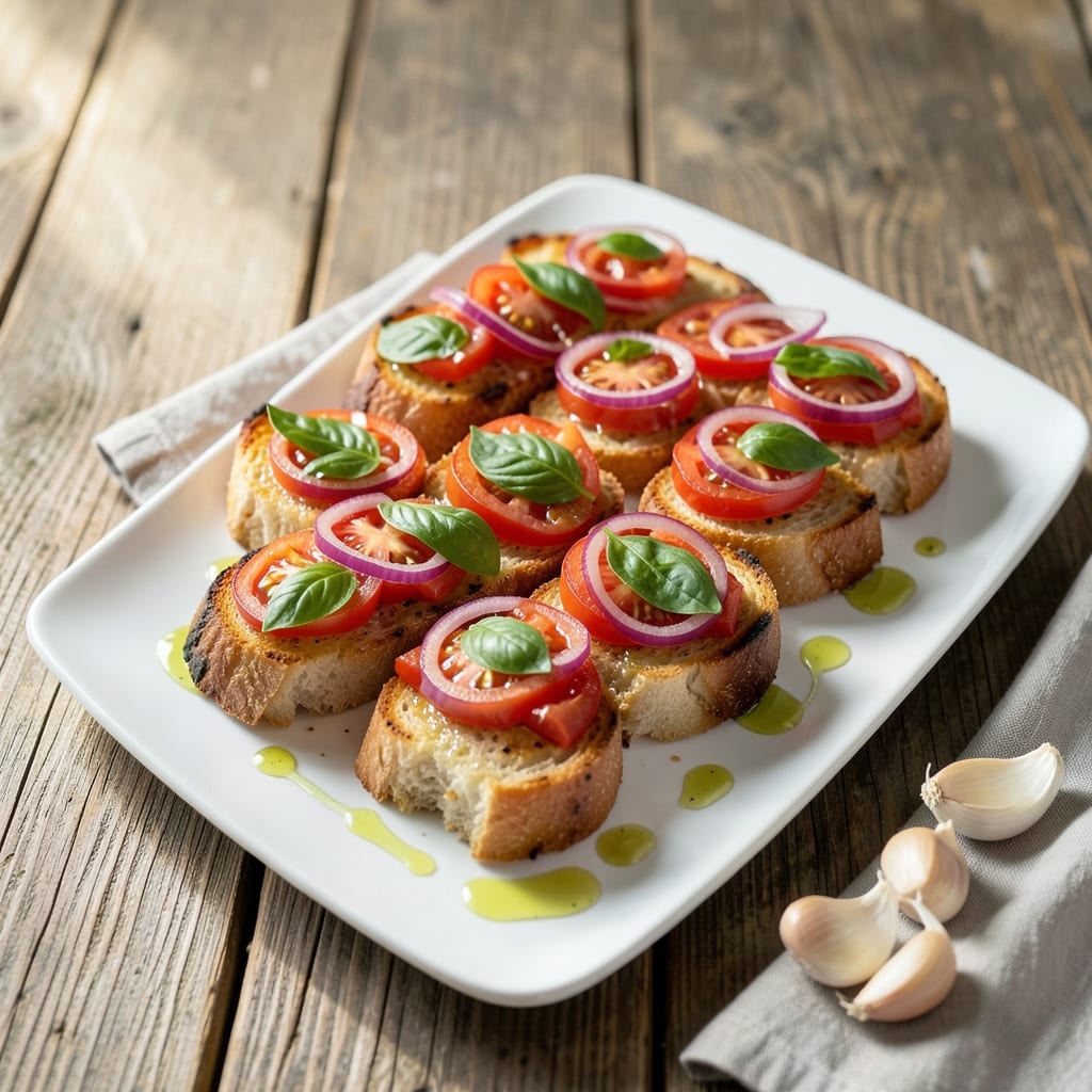 Bruschetta Recipe Red Onion: Fresh Tomato and Basil on Toasted Bread