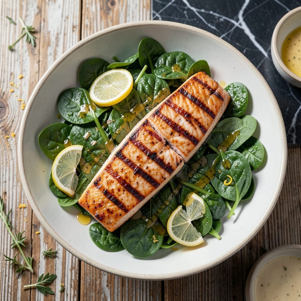 Grilled Salmon and Spinach Salad Recipe: Wood-Grilled Fish on Fresh Greens