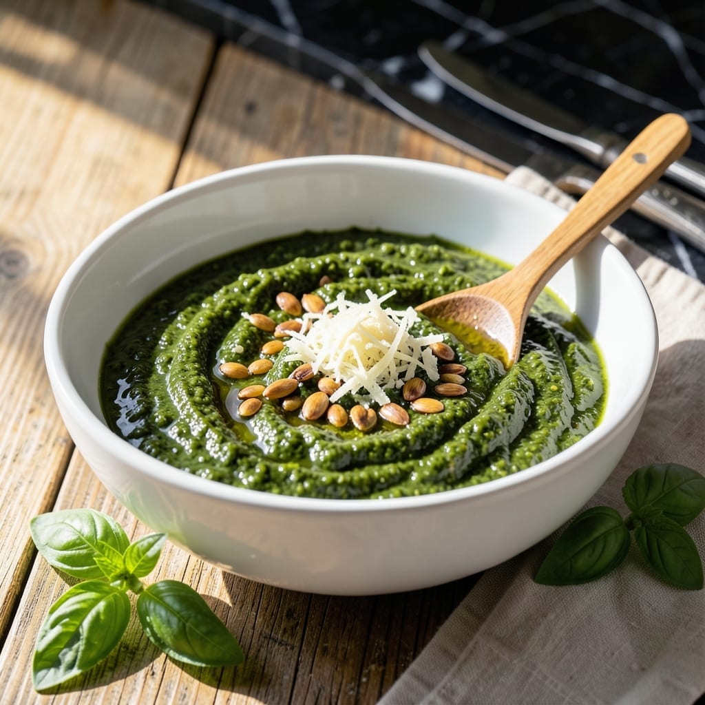 Basil Pesto Sauce Recipe Without Nuts: Creamy Herb Blend With Garlic and Parmesan