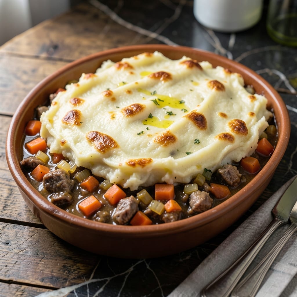 Shepherd's Pie Recipe With Cooked Lamb: Golden Mashed Potato Crown Over Savory Filling