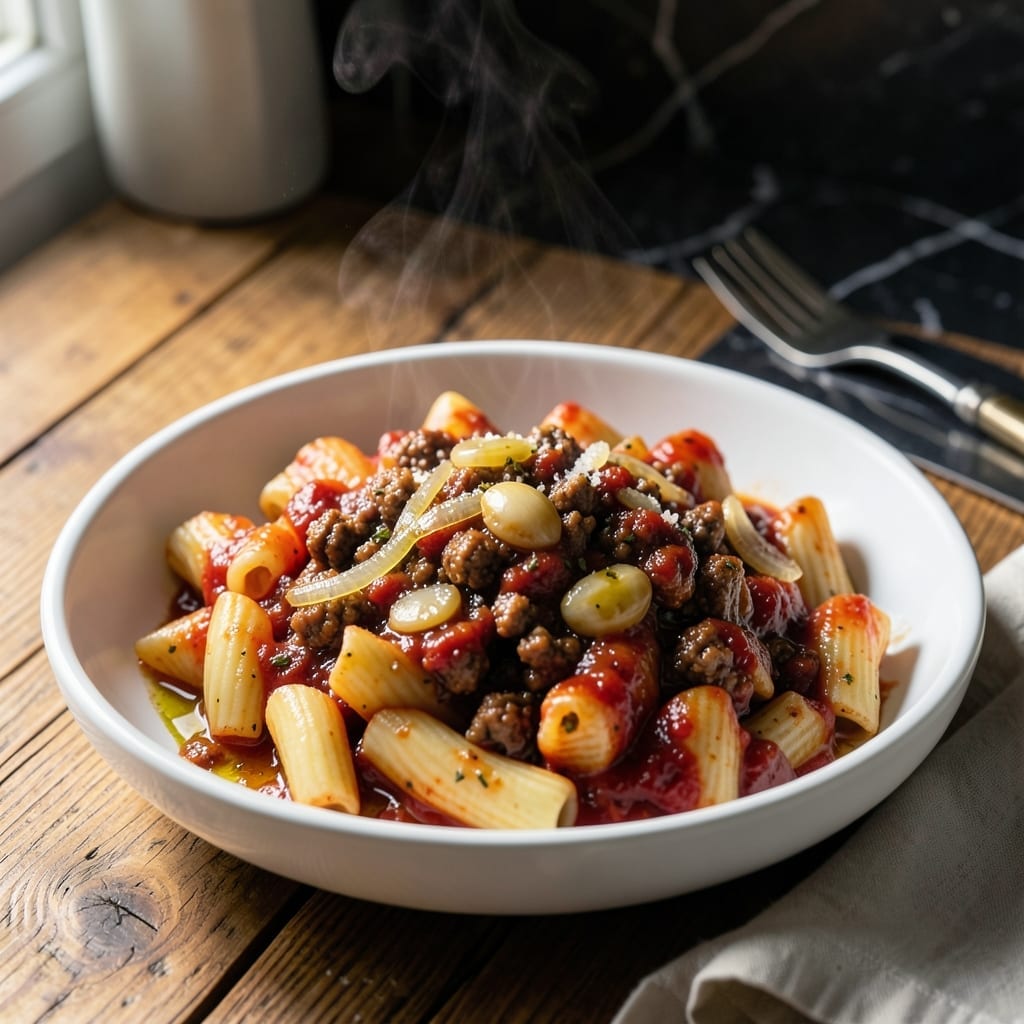 Recipe for Mostaccioli With Meat Sauce: Baked Pasta Layers With Rich Tomato Beef