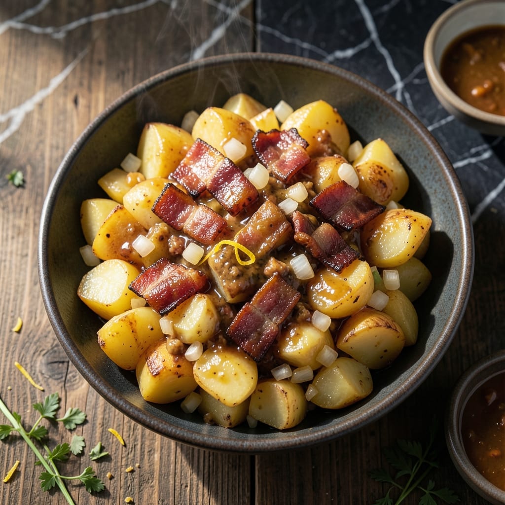 Warm German Potato Salad With Bacon Recipe: Tangy Vinegar Dressing and Crispy Bits