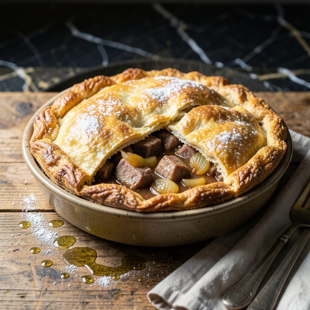 Recipe for Pork Pot Pie: Flaky Pastry Over Savory Herb Filling