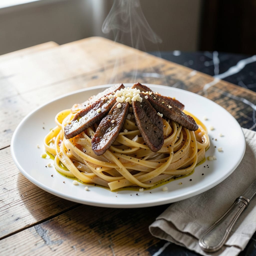Recipe For Beef Strips And Pasta: Garlic Butter Sauce With Tender Slices