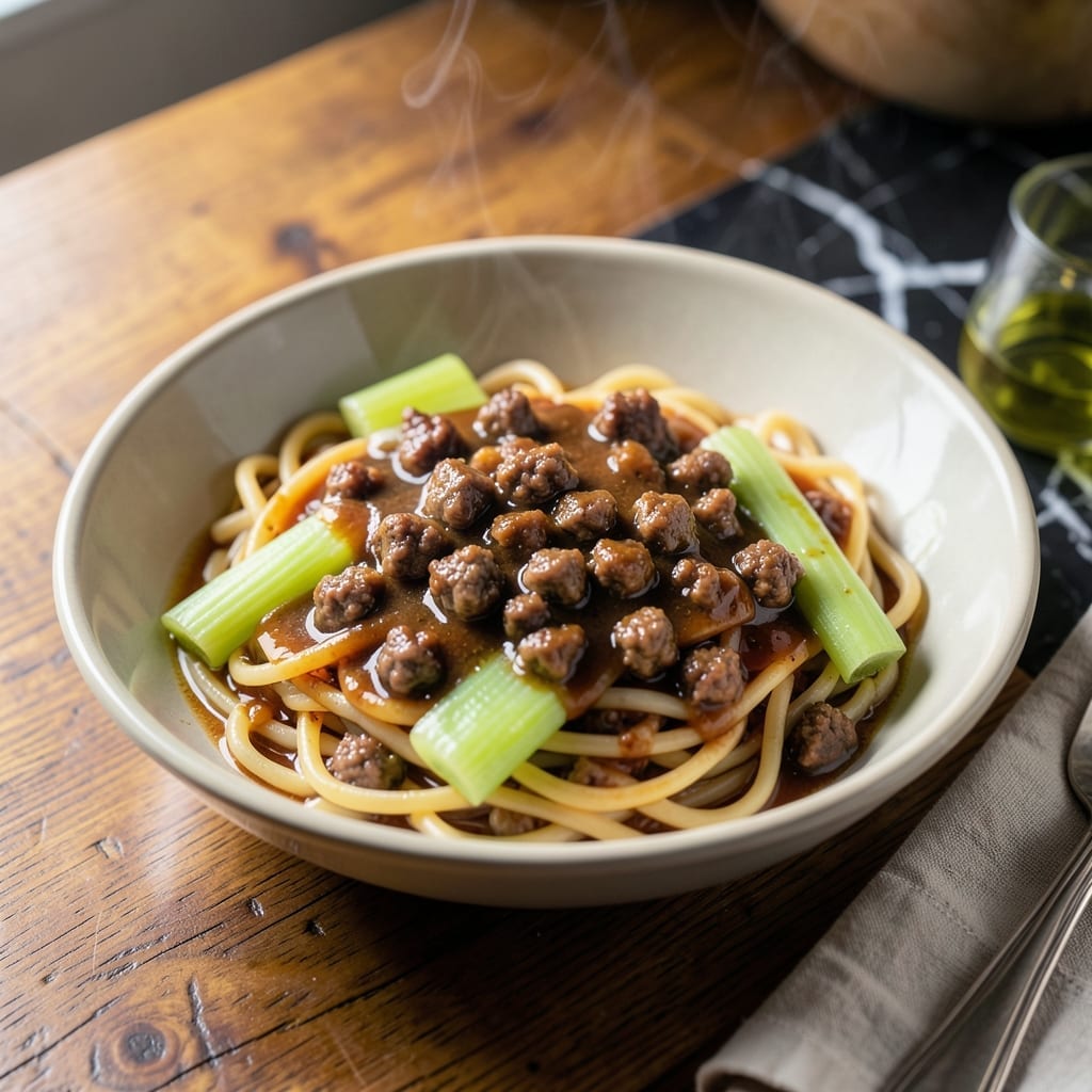 Recipe for American Chop Suey With Beef: Wok-Tossed Noodle Bowl with Ground Beef