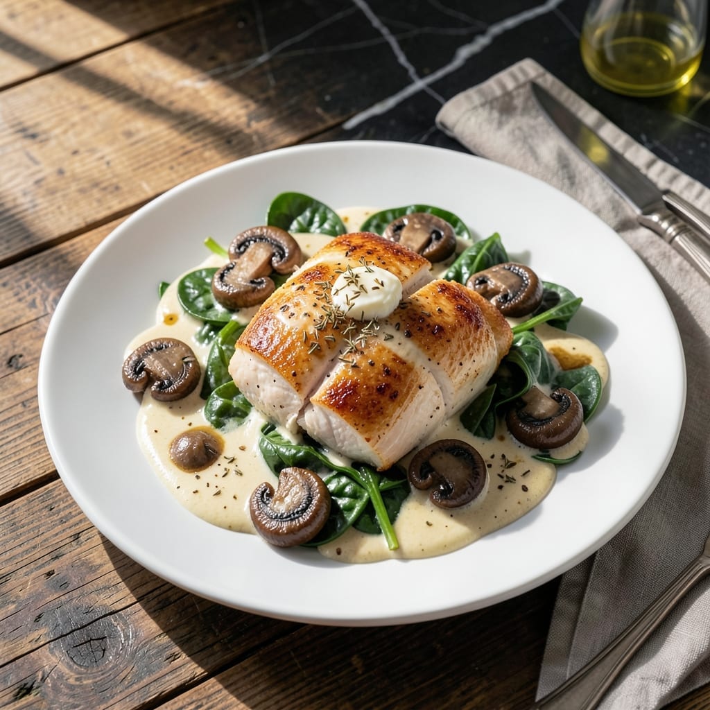 One Pot Creamy Chicken Mushroom Florentine Recipe Treasures: Rich Spinach Sauce in 40 Minutes