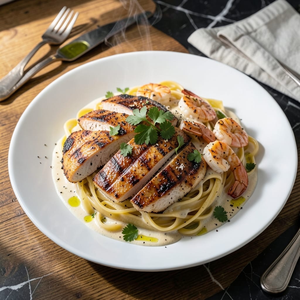 Grilled Chicken and Shrimp Alfredo Recipe: Surf-and-Turf Creamy Pasta Delight