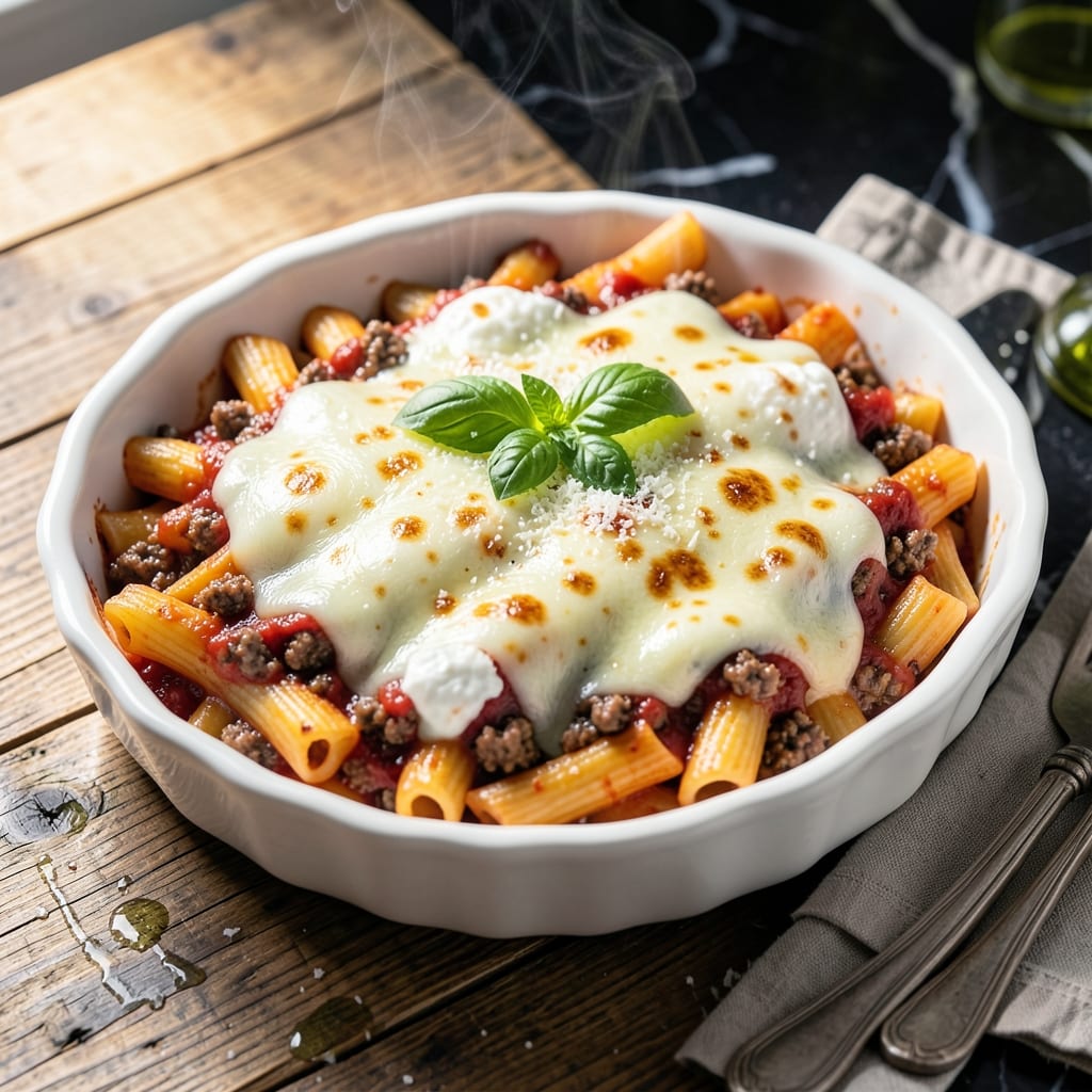 Italian Baked Ziti Recipe With Ground Beef: Three-Cheese Layers and Hearty Meat