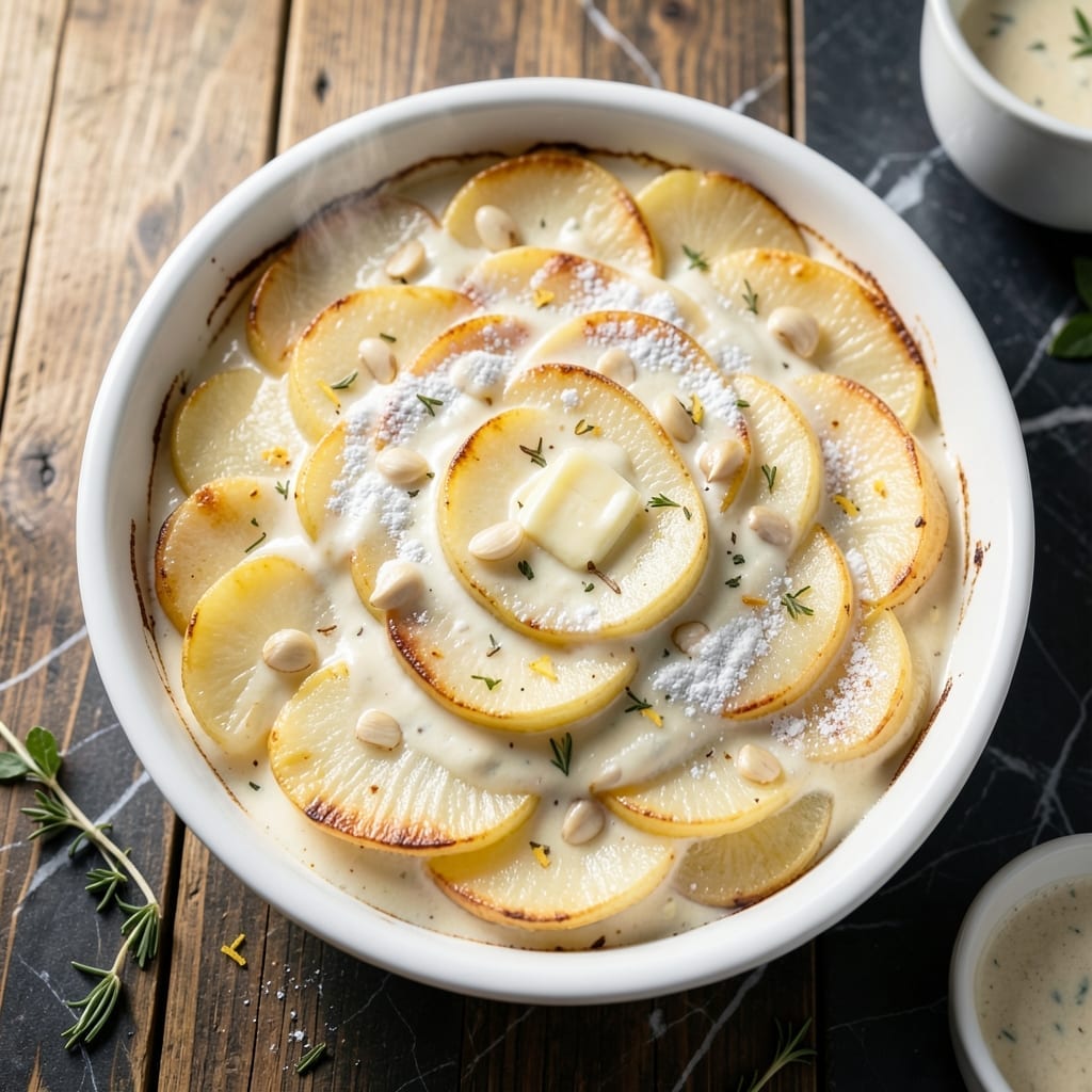 Scalloped Potatoes Recipe No Cheese: Silky Slices With Garlic Cream Sauce Scalloped Potatoes Recipe No Cheese: Silky Slices With Garlic Cream Sauce