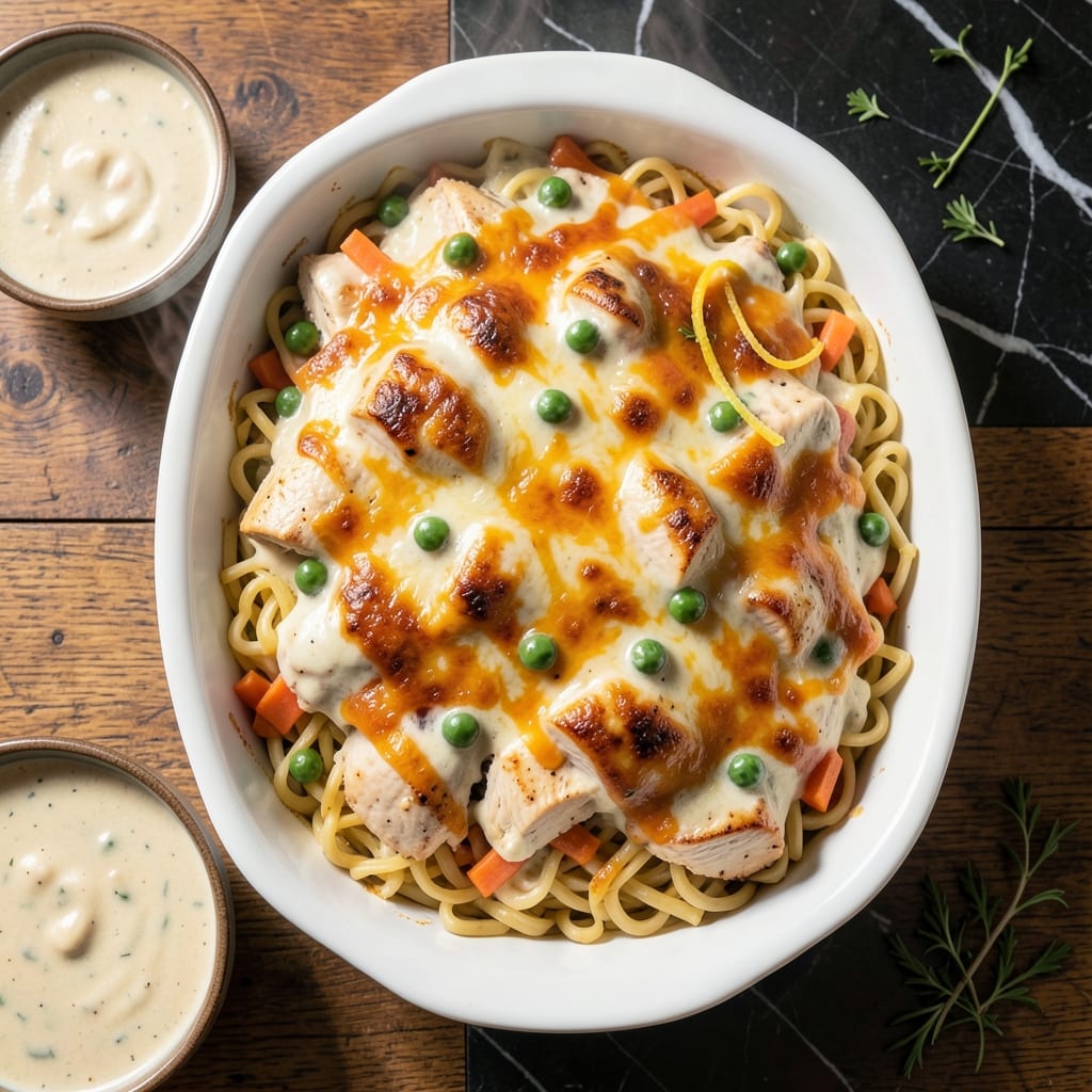 Recipe for Chicken Noodle Casserole With Egg Noodles: Baked Comfort With Golden Topping