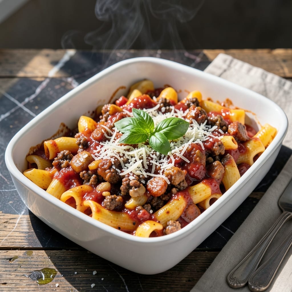 Pampered Chef Mostaccioli Recipe: Baked Pasta With Rich Meat Sauce
