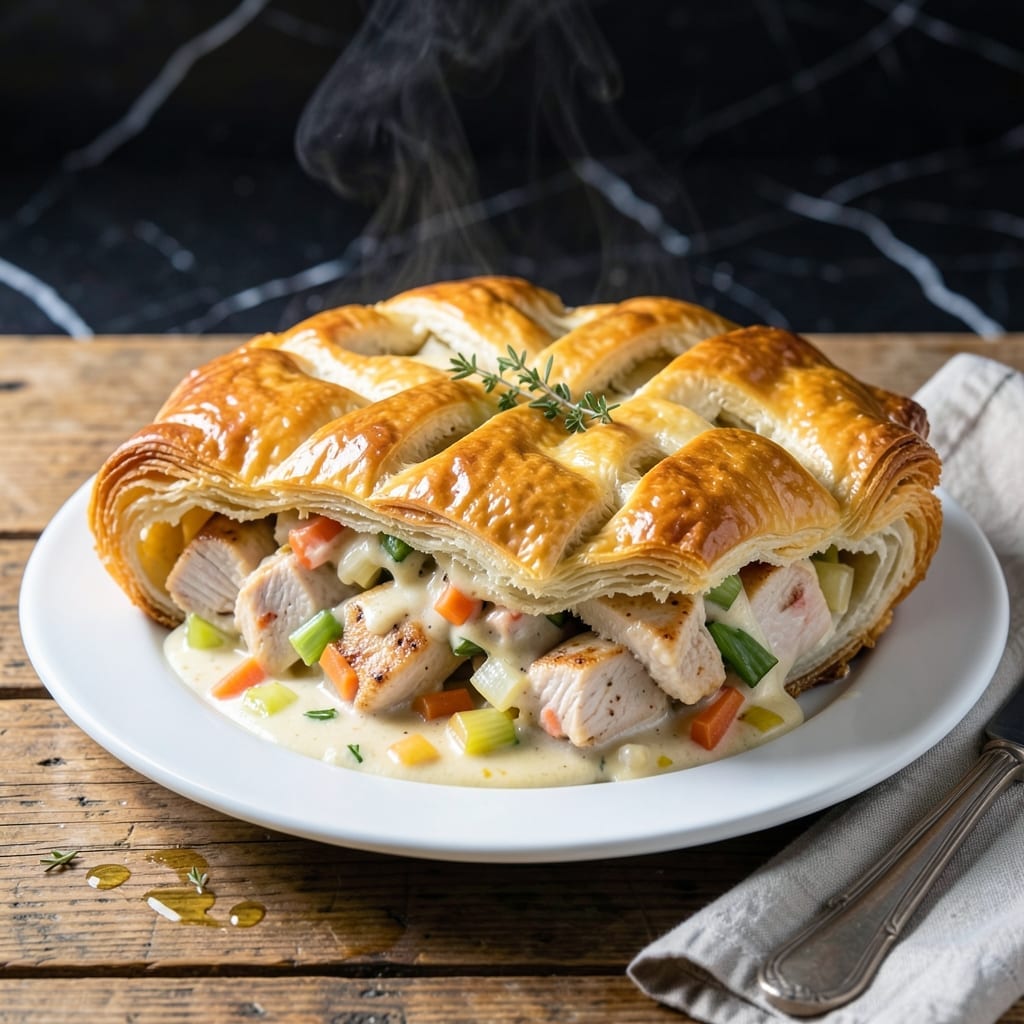 Easy Creamy Chicken Pie Recipe With Puff Pastry: Flaky Golden Topping Over Velvety Filling