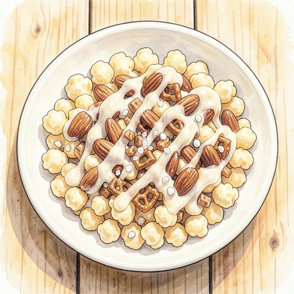 Visual representation of almond bark puffed corn recipe
