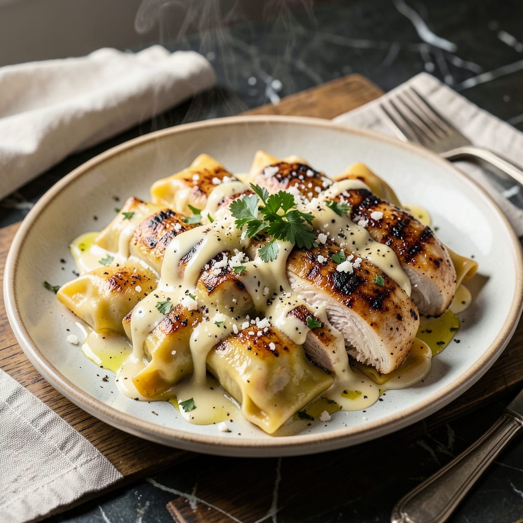 Visual representation of Asiago Tortelloni Alfredo With Grilled Chicken Recipe: Cheese Filled Pasta With Creamy Sauce