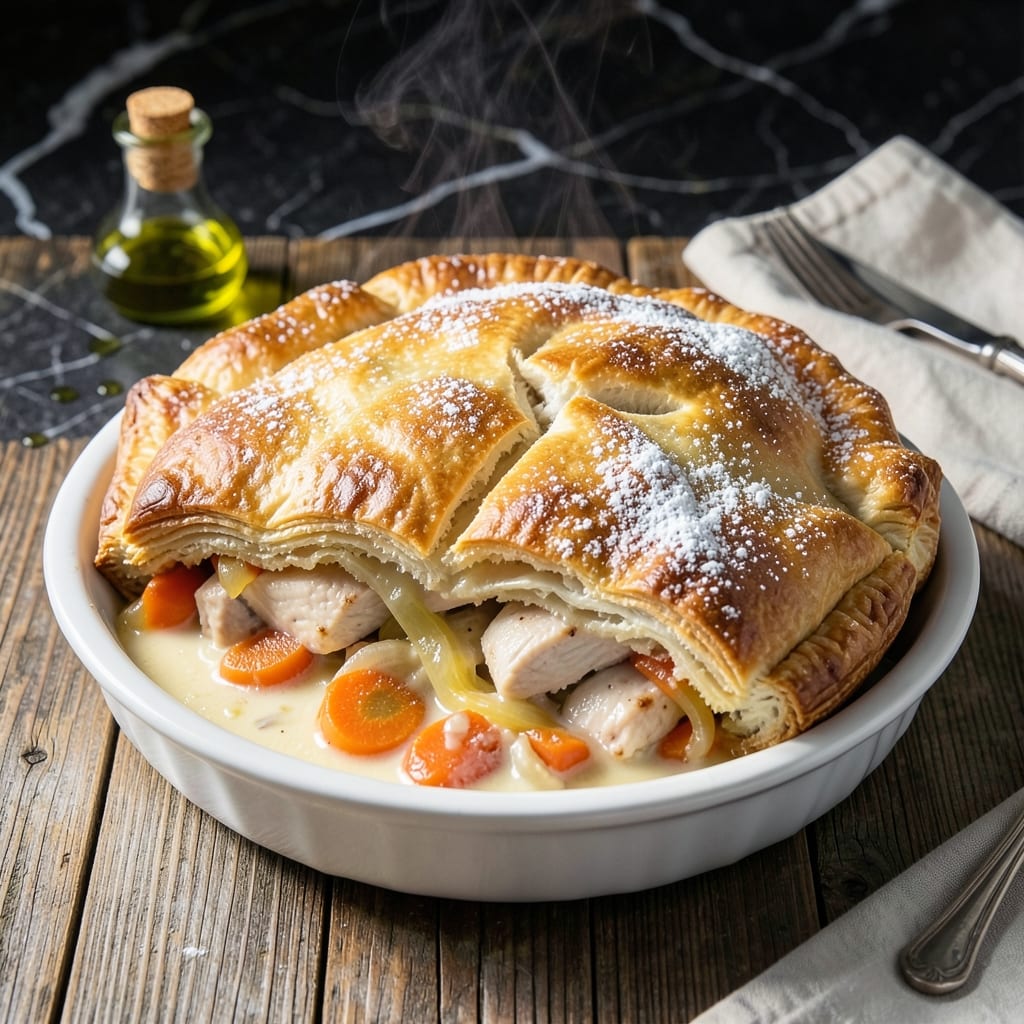 Homemade Chicken Pot Pie Recipe With Puff Pastry: Golden Crust Over Creamy Filling