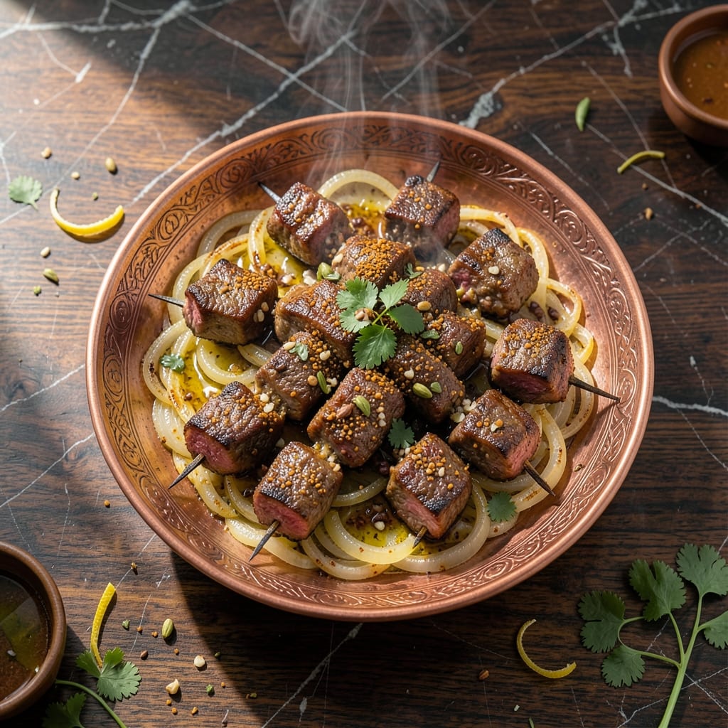 Afghan Kebab Recipe: Charred Spiced Beef Skewers With Onion Garnish