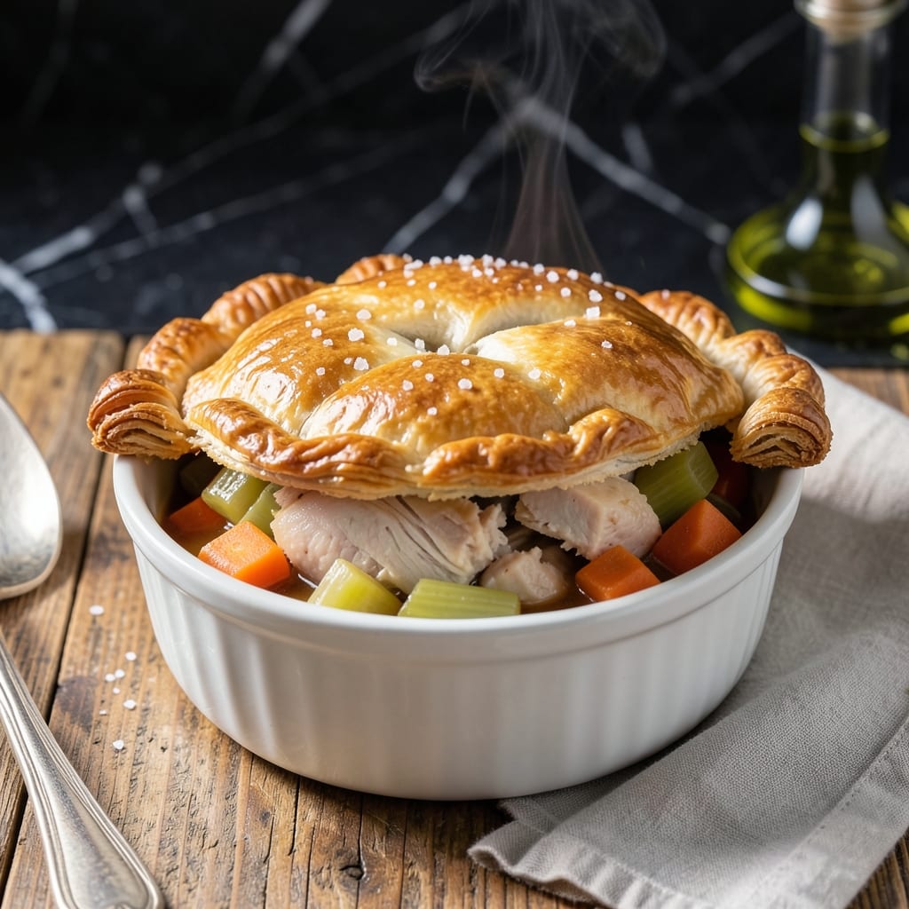 Individual Turkey Pot Pie Recipe With Puff Pastry: Golden Crust Over Savory Filling