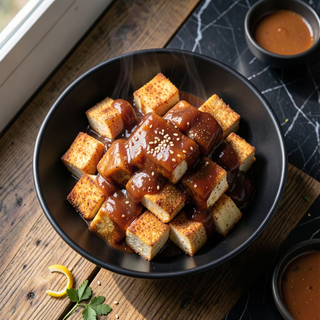 baked bbq tofu recipe illustration with key details