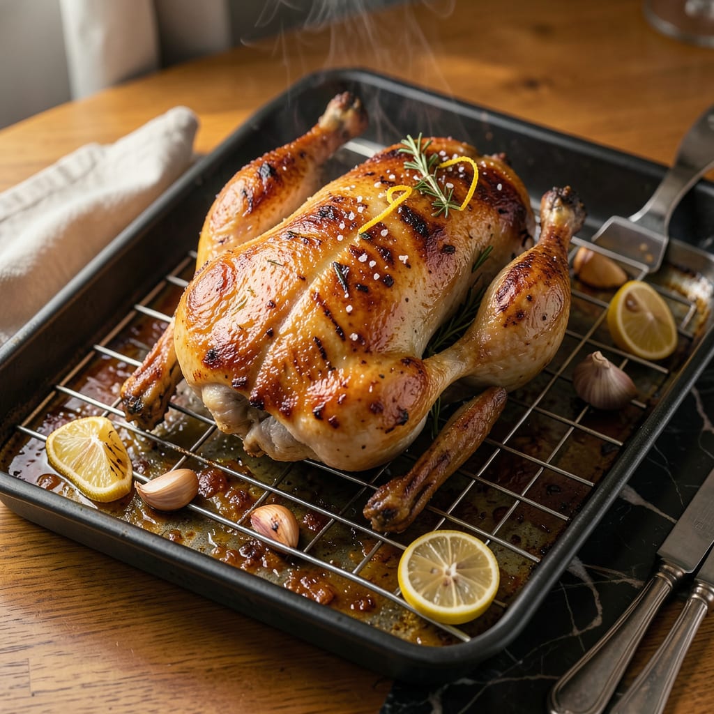 Complete baking chicken on wire rack overview image