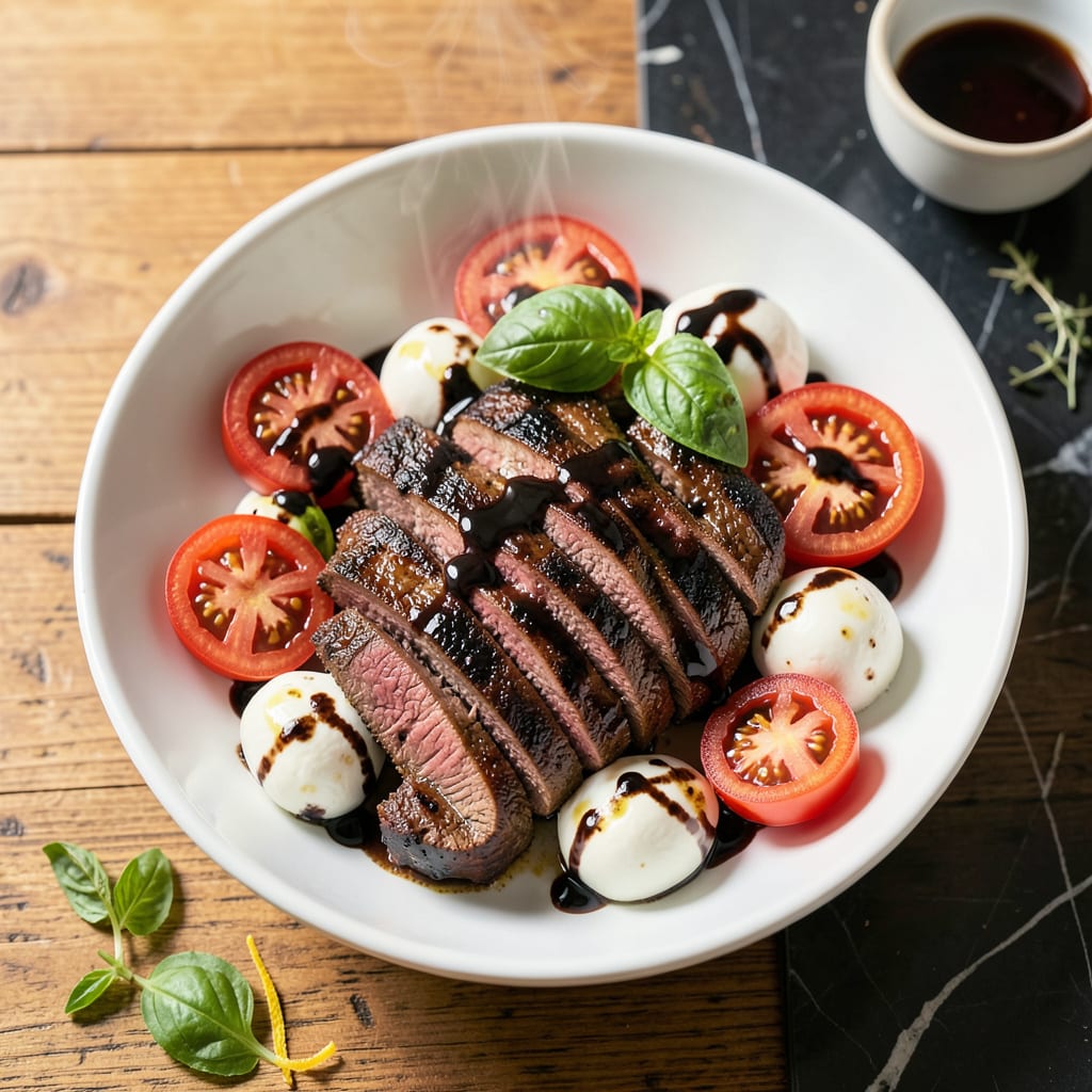 Visual representation of Balsamic Caprese Grilled Flank Steak Recipe: Charred Meat With Fresh Mozzarella