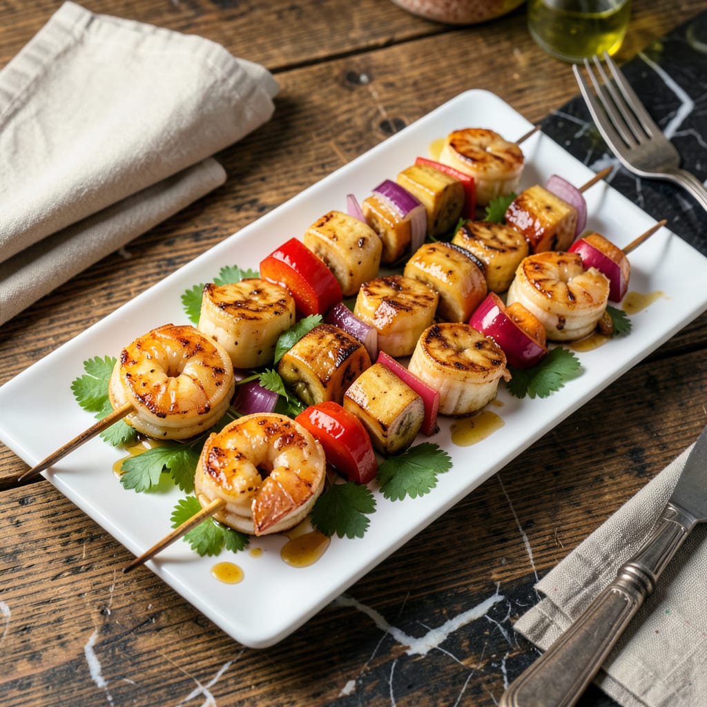 Banana Prawns Recipe BBQ: Grilled Sweet and Smoky Seafood Skewers illustration with key details