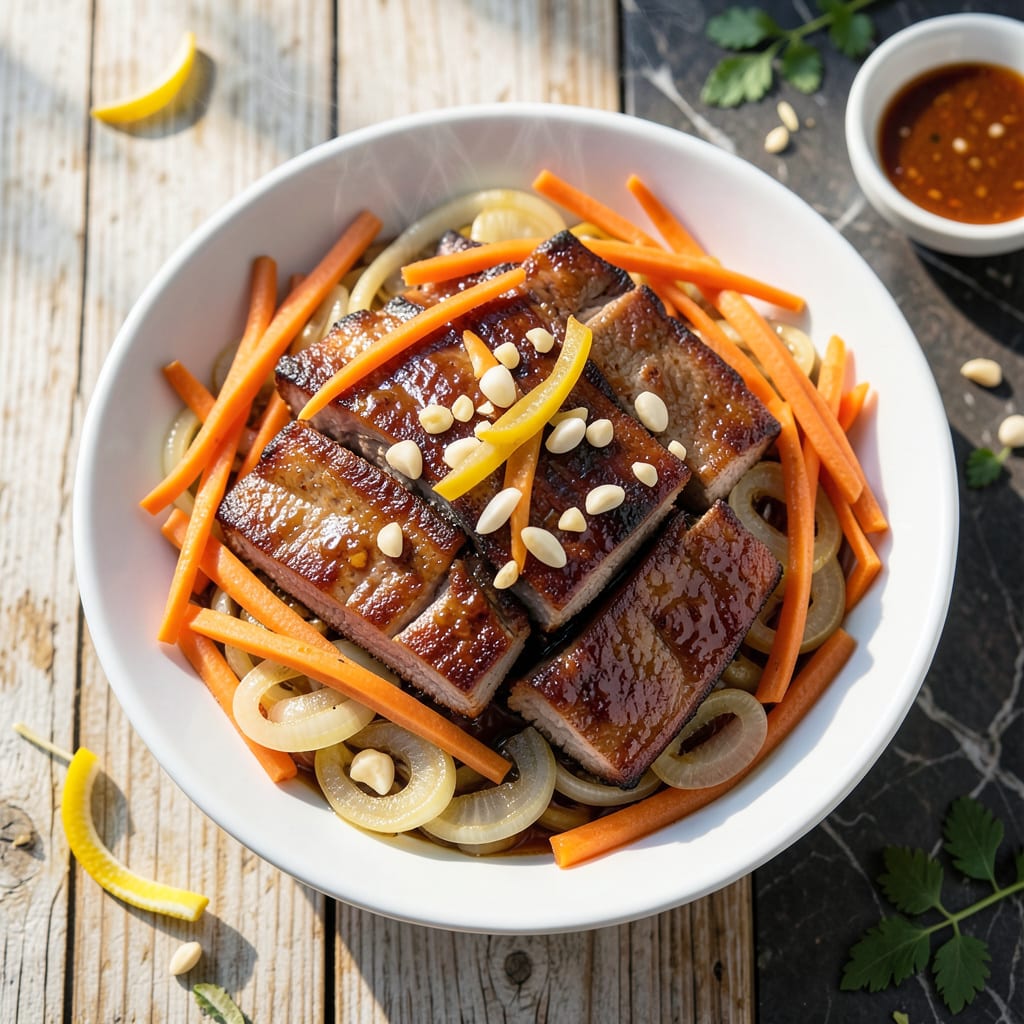 Banh Mi BBQ Pork Recipe: Vietnamese Glazed Pork With Pickled Veggies illustration with key details