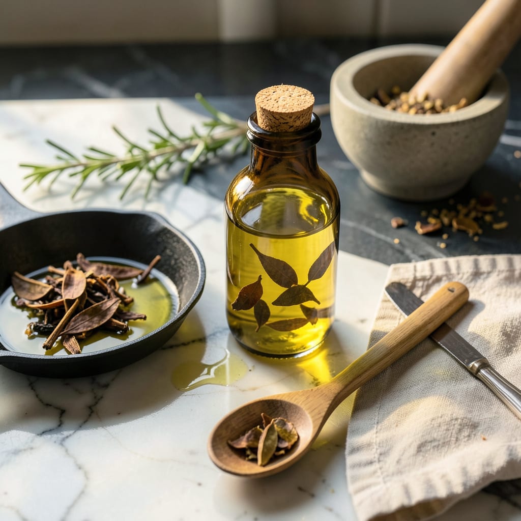 Bay Leaf Oil Recipe: Infused Golden Elixir for Gourmet Cooking illustration with key details