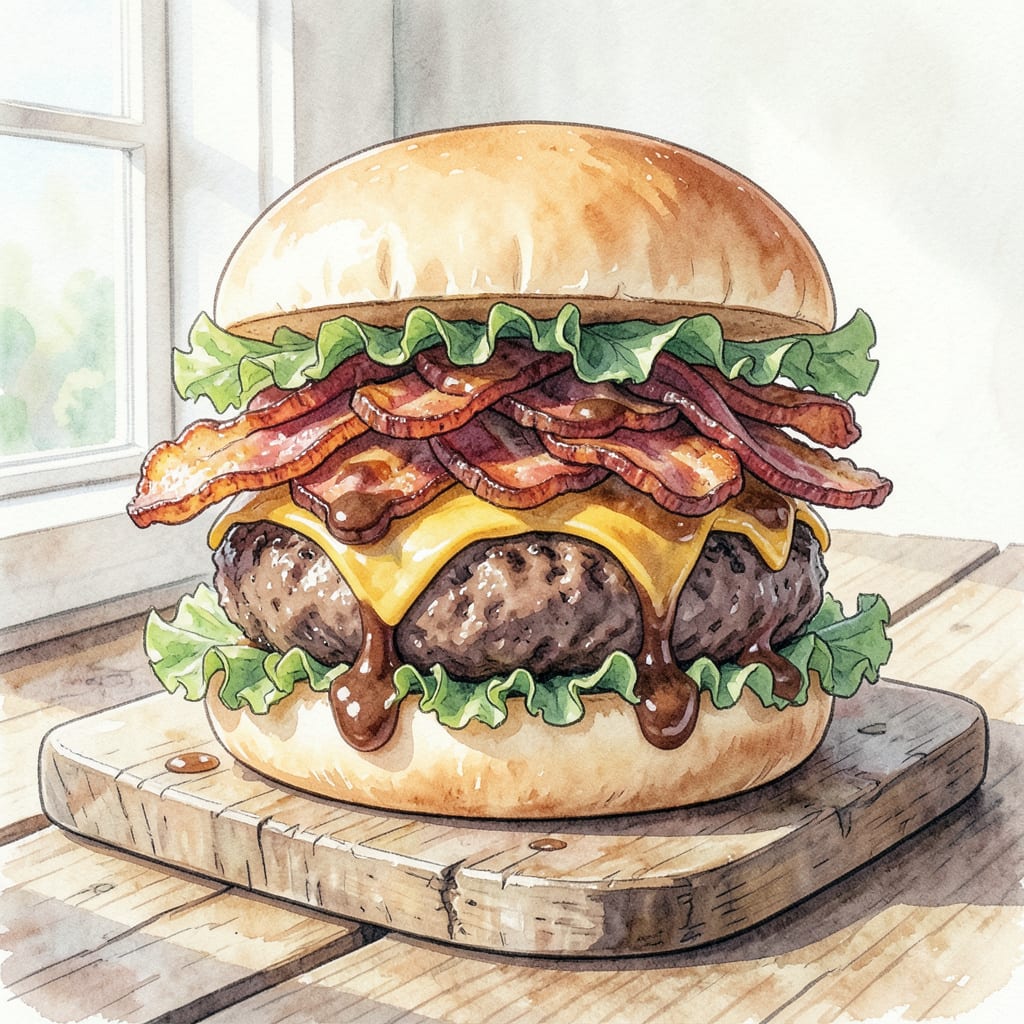 BBQ Bacon Cheeseburger Recipe: Juicy Patty with Caramelized Bacon illustration with key details
