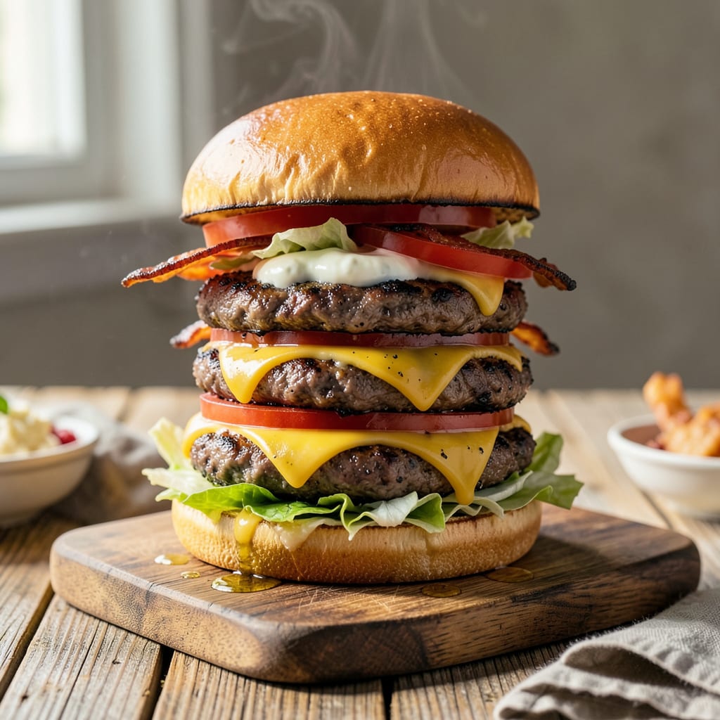 bbq beef burger recipe illustration with key details