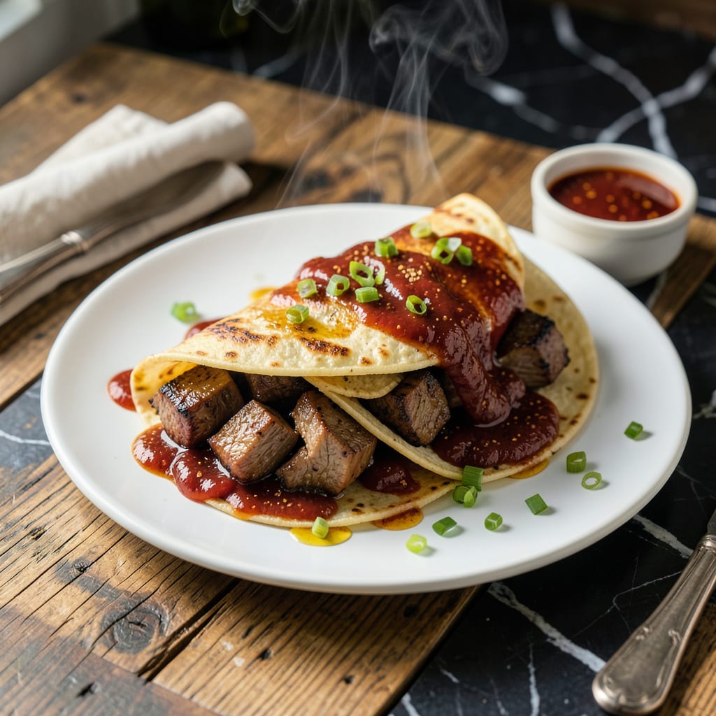 BBQ Beef Burrito Recipe: Smoky Tenderness Wrapped in Flour Tortillas illustration with key details