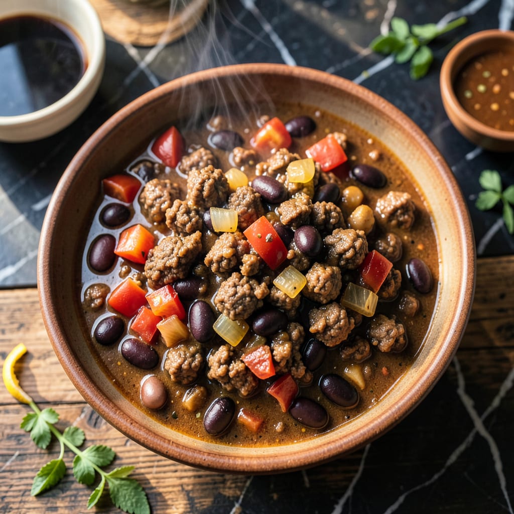 bbq beef chili recipe illustration with key details